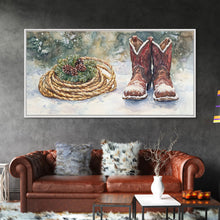 Carregar imagem no visualizador da galeria, Canvas Print Cowboy Boots with Christmas Wreath and Rope, Rustic Christmas Decor, Winter Western Holiday Art, Farmhouse Wall Print