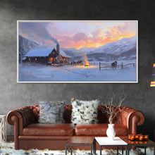 Load image into Gallery viewer, Cozy Snowy Log Cabin Tall Art Framed Canvas Print Winter Home Decor With Warm Fireplace And Horse Rider Under A Beautiful Sunset Scene