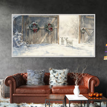 Load image into Gallery viewer, Christmas decor farmhouse Framed Canvas Print snowy barn Christmas scene holiday wall art best gift Christmas decor Christmas tree art 2024