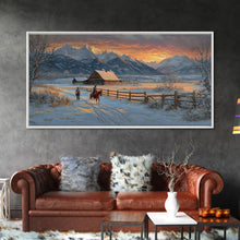Load image into Gallery viewer, Dawn on the Frontier - Christmas scene art, winter wonderland, rustic Christmas art, Christmas farmhouse decor, snowy mountain art
