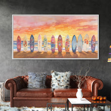Load image into Gallery viewer, Vibrant Sunset Beach Art Surfboard Canvas Print Tropical Beach Wall Art Framed Canvas Print Fall Beach Scene Autumn Surfboard Decor