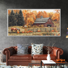 Carregar imagem no visualizador da galeria, Autumn Barn Pumpkin Horses Canvas Print Farmhouse Fall Decor Seasonal Wall Art Framed Canvas Print Rustic Fall Farmhouse Wall Art