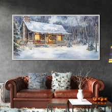 Load image into Gallery viewer, Snowy cabin Christmas decor, winter wonderland wall art, rustic farmhouse Christmas print, cozy country home decor, framed canvas print
