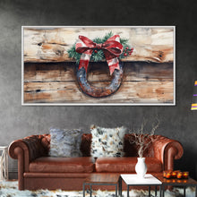 Carregar imagem no visualizador da galeria, Festive horseshoe Christmas art, rustic holiday decor, farmhouse holiday gift idea, cozy winter home decor, framed canvas print