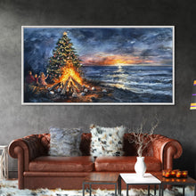 Load image into Gallery viewer, Beach Christmas decor with bonfire, sunset coastal holiday wall art, Christmas tree print, festive coastal art gift, framed canvas print