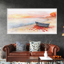 Carregar imagem no visualizador da galeria, Autumn beach landscape art, fall sunset wall art, coastal boat decor, beach fall home decor, seasonal wall art gift, framed canvas print