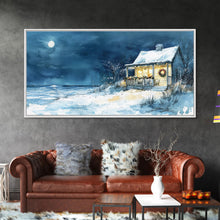 Cargar imagen en el visor de la galería, Coastal Christmas cabin decor, winter beach house art, snowy holiday seaside print, cozy Christmas wall art, framed canvas print