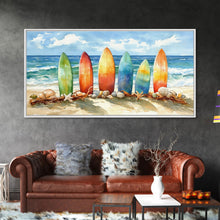 Load image into Gallery viewer, Colorful surfboards Christmas wall art, beach holiday decor, coastal Christmas art, framed canvas print, tropical Christmas art gift