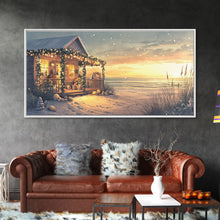 Cargar imagen en el visor de la galería, Christmas beach house decor, coastal holiday home art, seaside Christmas wall art, festive beach house print, framed canvas print
