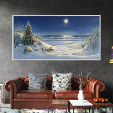 Cargar imagen en el visor de la galería, Christmas Tree on Snowy Beach with Full Moon, Framed Canvas Print, Coastal Christmas Art, Nautical Holiday Decor, Winter Wonderland, Beach