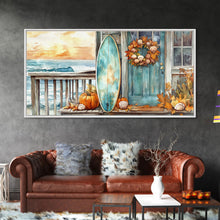 Load image into Gallery viewer, Coastal Surfboard and Pumpkins Fall Scene, Framed Canvas Print, Autumn Beach Decor, Fall Home Decor, Wall Art, Coastal Autumn Wall Print
