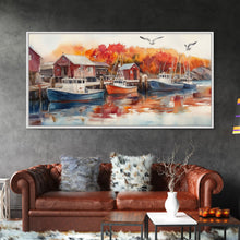 Carregar imagem no visualizador da galeria, Fishing boats in harbor with autumn trees, framed canvas print, fall coastal art, rustic nautical decor, perfect gift idea, autumn wall art
