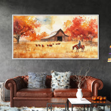 Load image into Gallery viewer, Cowboy on horse in autumn farm scene, framed canvas print, rustic fall decor, farmhouse home decor, cozy autumn landscape art, fall wall art