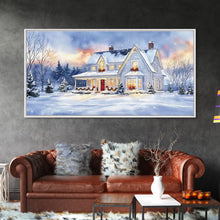 Load image into Gallery viewer, Cozy Winter House with Snowy Landscape, Christmas Decor, Framed Canvas Print, Farmhouse Christmas Decor, Seasonal Wall Art, Gift Idea