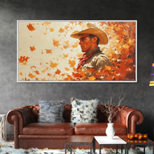 Load image into Gallery viewer, Cowboy and Fall Leaves, Framed Canvas Print Seasonal Wall Art Christmas Cowboy Gift Winter Landscape Wall Decor