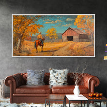 Load image into Gallery viewer, Cowboy Horse Autumn River Framed Canvas Print Perfect Above Sofa Fall Cowboy Art Moody Landscape Fall Western Wall Art