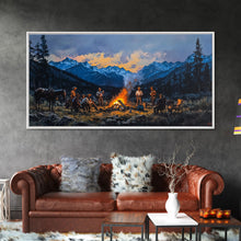 Carregar imagem no visualizador da galeria, Framed Canvas Print Western Cowboys Campfire Evening Art Landscape Rustic Winter Mountain Home Decor Extra Large Wall Art Gift
