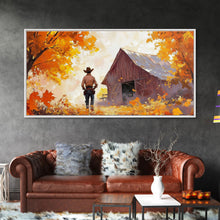 Load image into Gallery viewer, Cowboy and His Barn, Framed Canvas Print, Landscape Art Christmas Cowboy Holiday Art Wall Decor Seasonal