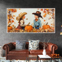Load image into Gallery viewer, Cute Cowboy and Cowgirl In a Pumpkin Patch, Framed Canvas Print, 1950s Style Wall Art, Nursery Decor