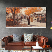 Load image into Gallery viewer, Cowboy in green jacket, snow-capped mountains trees, Framed Canvas Print, tall western Christmas wall art, winter decor, colorful landscape