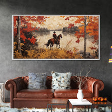 Load image into Gallery viewer, Cowboy on mountainside with red autumn leaves rugged cliffs, Framed Canvas Print, fall landscape wall art, western decor with warm colors