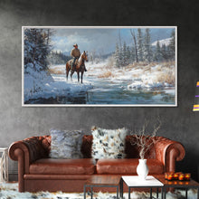 Load image into Gallery viewer, Cowboy riding horse through vibrant autumn forest, Framed Canvas Print, tall fall wall art, rustic western decor, moody landscape