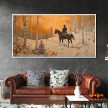 Load image into Gallery viewer, Cowboy riding horse through deep snow in a winter storm, Framed Canvas Print, dynamic winter wall art, rustic western home decor