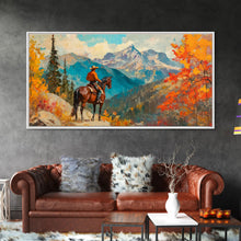 Carregar imagem no visualizador da galeria, Female cowboy in fall forest, Framed Canvas Print, tall striking artwork rustic or modern farmhouse seasonal wall art