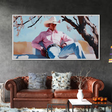 Carregar imagem no visualizador da galeria, Autumn-themed portrait Framed Canvas Print of a woman in a cowboy hat holding a cup of coffee, surrounded by fall leaves, cozy fall decor