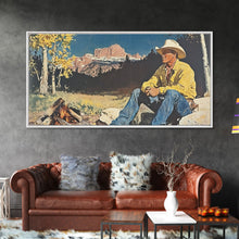 Load image into Gallery viewer, Bold monochromatic Framed Canvas Print showcasing a woman in a cowboy hat with horses in a snowy mountain landscape, rustic winter wall art