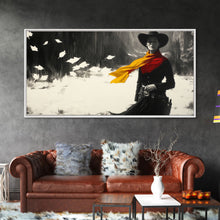 Load image into Gallery viewer, Bold Framed Canvas Print of a Cowgirl Riding Through Snow, Western Horse Art, Dynamic Winter Wall Decor and Christmas Holiday Gift Idea