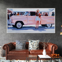 Load image into Gallery viewer, Cute Cowgirl and Her Pink Truck, Framed Canvas Print, Retro Pink Fall Decor, Wall Art Fall Home Decor, Ideal Gift Idea Rustic Seasonal Decor