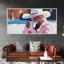 Load image into Gallery viewer, Cowgirl Enjoying A Cup of Coffee, Framed Canvas Print, Winter Wall Art, Pink Decor, Gift For Her, Seasonal Winter Home Decor
