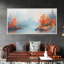 Carregar imagem no visualizador da galeria, Fall On The Lake, Framed Canvas Print, Beautiful Seasonal Decor, Moody Landscape Painting