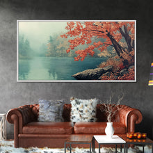 Load image into Gallery viewer, Fall On The Lake, Watercolor Landscape Painting Framed Canvas Print, retro holiday decor wall art with nostalgic vibe