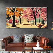 Carregar imagem no visualizador da galeria, Autumn Park Path Framed Canvas Print, Warm Fall Trees and Pathway Wall Art, Seasonal Fall Home Decor, Farmhouse Gift Idea, Holiday Wall Art