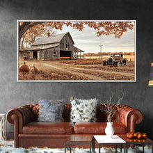 Carregar imagem no visualizador da galeria, Farmhouse Autumn Decor Framed Canvas Print with Rustic Truck and Barn, Fall Country Art Wall Decor, Pumpkin Harvest Gift Idea Seasonal Decor