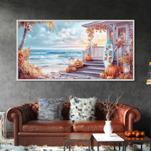 Carregar imagem no visualizador da galeria, Fall Beachfront Porch With Pumpkins Autumn Decor Framed Canvas Print, Coastal Autumn Home Decor Wall Art Beach Vibes