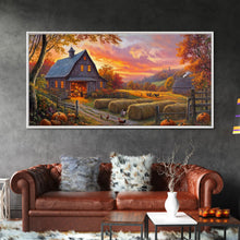 Load image into Gallery viewer, Cozy Barn at Sunset Framed Canvas Print, Fall Harvest Wall Art, Country Farmhouse Autumn Decor, Seasonal Gift Idea Best Fall Wall Art