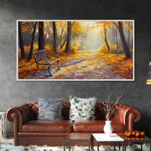 Load image into Gallery viewer, Autumn Path Bench Framed Canvas Print, Serene Fall Landscape Wall Art, Cozy Farmhouse Decor, Seasonal Wall Art Gift Idea