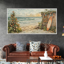 Cargar imagen en el visor de la galería, Christmas Tree Beside Rustic Beach House Coastal Holiday Scene Framed Canvas Print, Beach Christmas Wall Art And Decor