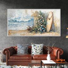 Cargar imagen en el visor de la galería, Coastal Christmas Scene Surfboards Christmas Tree Framed Canvas Print, Beach Holiday Decor Wall Art With Surfing Theme