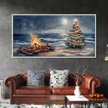 Load image into Gallery viewer, Cozy Bonfire On Beach With Christmas Tree Framed Canvas Print, Nighttime Winter Beach Holiday Wall Art And Coastal Decor