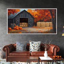 Cargar imagen en el visor de la galería, Fall Barnyard with Pumpkins Framed Canvas Print Farmhouse Decor, Fall Art Print, Rustic Home Decor, Seasonal Gift Wall Art