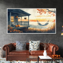 Load image into Gallery viewer, Cozy Autumn Porch with Pumpkins Framed Canvas Print, Warm Sunset Beach Scene Perfect Fall Seasonal Wall Art and Home Decor