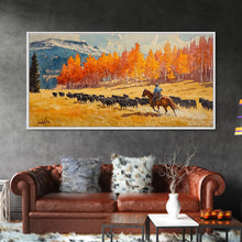 Load image into Gallery viewer, Cowboy Herding Cattle Under Mountains Framed Canvas Print Tall Art Autumn Country Landscape Fall Decor Western Wall Art Farmhouse Gift Idea