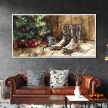 Load image into Gallery viewer, Christmas Cowboy Boots By Tree Framed Canvas Print Tall Art Rustic Western Christmas Decor Farmhouse Holiday Wall Art Cowboy Holiday Gift