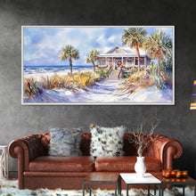 Load image into Gallery viewer, Snowy tropical Christmas decor scene, Framed Canvas Print beach house wreath and holiday lights, winter coastal home decor Christmas art