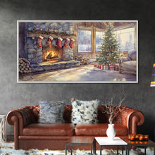 Load image into Gallery viewer, Snowy cabin lake scene at dusk with Christmas lights, Framed Canvas Print with a warm cabin glow, for winter wall art Christmas home decor