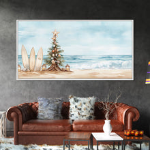 Load image into Gallery viewer, Beach Christmas scene with surfboards and decorated tree, tropical holiday art framed canvas print, perfect coastal seasonal decor